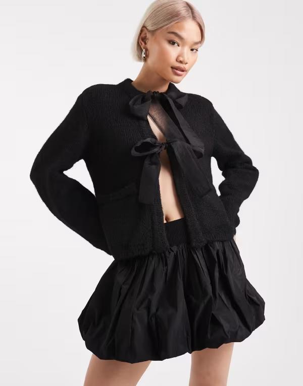 目的語 レディース アウター ジレー 繻子 編み物 Object oversized satin bow knit cardigan BLACK DETAIL:BLACK 黒いこと