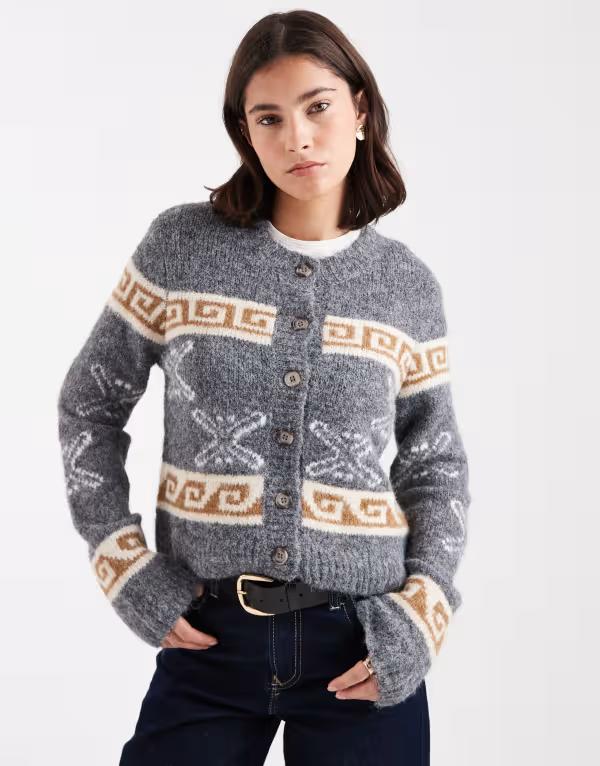 目的語 レディース アウター ジレー 刷り上げる 編み物 Object jacquard print knit cardigan インチ medium gray melange Medium Gray White 白いこと