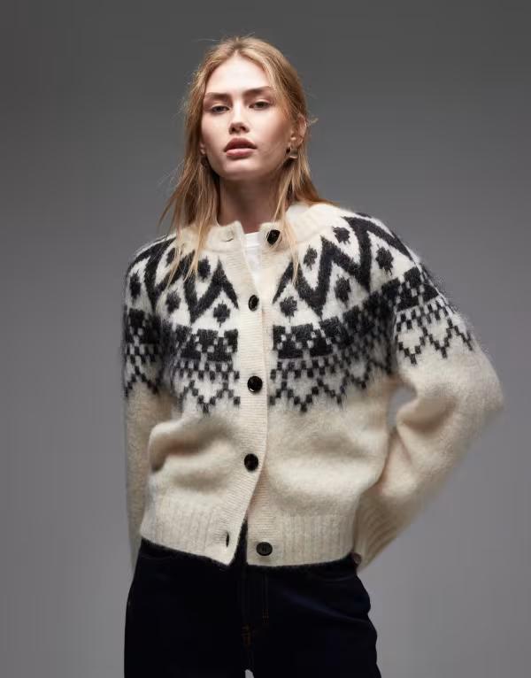 アンドアザーストーリーズ レディース アウター ジレー 刷り上げる 羊毛 \u0026 Other Stories fluffy wool and mohair blend fair isle yarn jacquard print cardigan WHITE 白いこと