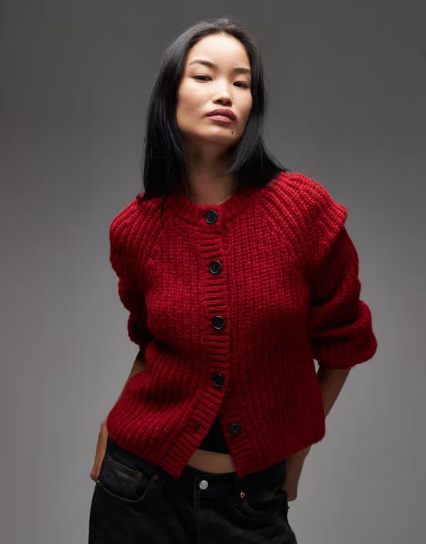 アンドアザーストーリーズ レディース アウター ジレー 軽気球捩り 羊毛 編み物 \u0026 Other Stories alpaca and wool chunky knit cardigan with balloon sleeves RED 赤いこと