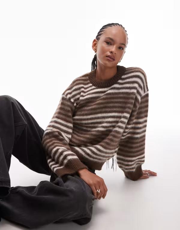 エイソス レディース アウター ニット・セーター セーター ニット ASOS DESIGN knit wide sleeve brushed sweater in tonal brown stripes Brown Stripe ブラウン 14,186円