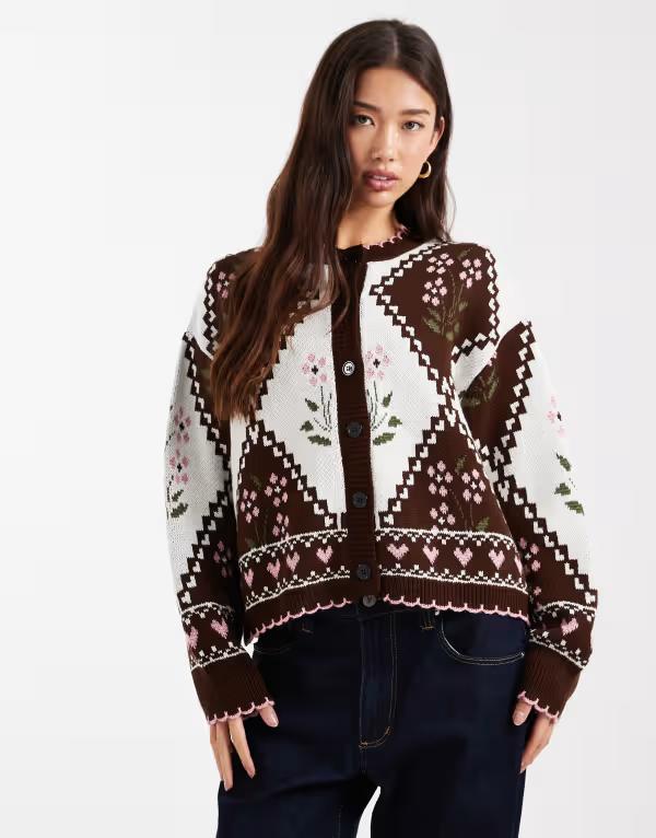 ミスセルフフリッジ レディース アウター カーディガン フラワー柄 ニット フラワー Miss Selfridge floral argyle knit cardigan Multi マルチカラー