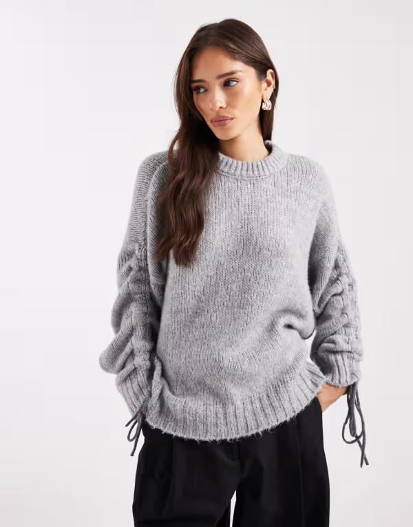 エイソス レディース アウター ニット・セーター ギャザー セーター ASOS DESIGN ruched sleeve sweater Gray グレー