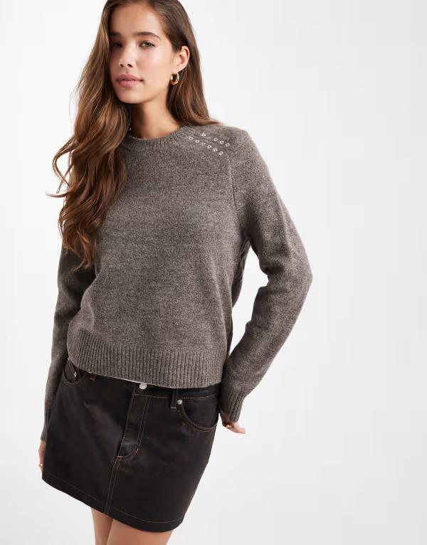 マンゴ レディース アウター ニット・セーター Tシャツ セーター ニット Mango Teen knit sweater with grommet detailing BROWN ブラウン