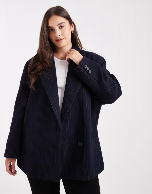 エイソス レディース アウター ジャケット・ブルゾン ウール ブレザー ASOS Curve ASOS DESIGN Curve wool blend pinstriped formal blazer Navy ネイビー
