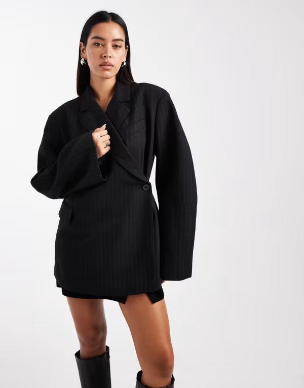 エイソス レディース アウター ジャケット・ブルゾン ブレザー ASOS DESIGN extreme wrap blazer pinstripes Black Pinstripe ブラック