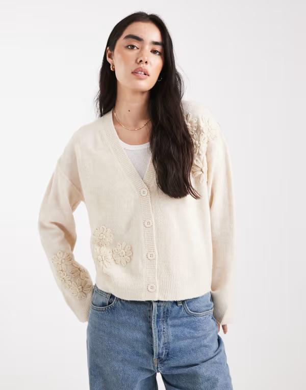 ブレーブソウル レディース アウター カーディガン Vネック Brave Soul v neck cardigan with flower embroidery detail in stone STONE ストーン