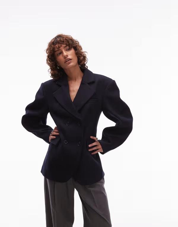 エイソス レディース アウター 上衣・上衣 酉の方角目じるし 絨毛 スポーツジャケット ASOS DESIGN tailored wool blend cocoon sleeves cinched waist blazer Navy 米国海軍 コート・ジャケット-レディースファッション