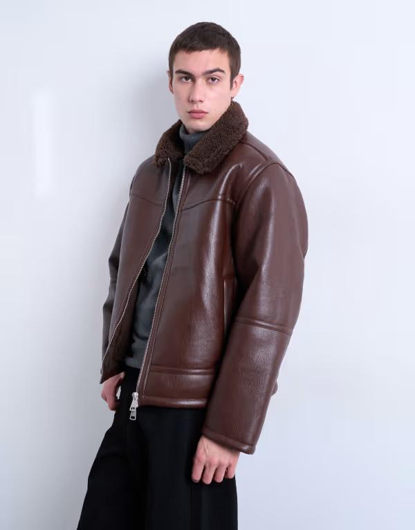 トップマン メンズ アウター ジャケット・ブルゾン Topman faux shearling jacket with zipockets Dark brown ブラウン