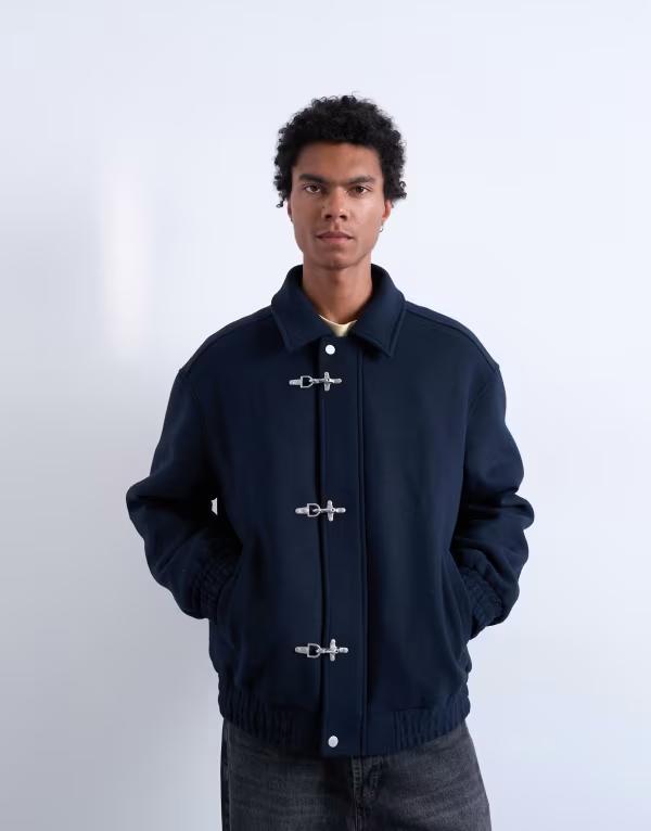 トップマン メンズ アウター ジャケット・ブルゾン ウール Topman fireman clasp wool blend jacket NAVY ネイビー