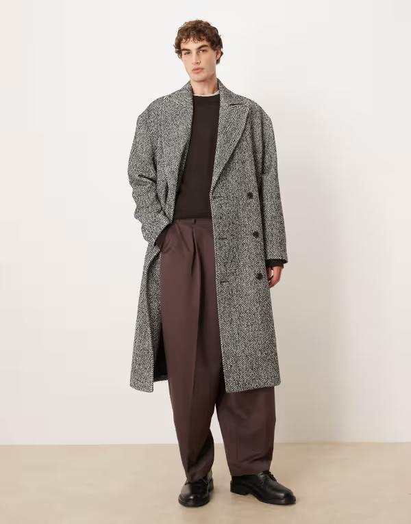 エイソス メンズ アウター コート ウール ASOS DESIGN oversized super long woolook overcoat herringbone Black ブラック
