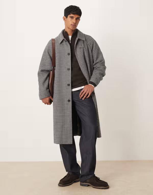 エイソス メンズ アウター コート ウール ASOS DESIGN woolook overcoat in houndstooth Gray グレー