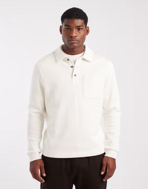 エイソス メンズ アウター パーカー・スウェット ポロシャツ ASOS DESIGN oversized buttons polo shirt with pocket in ecru エクリュ