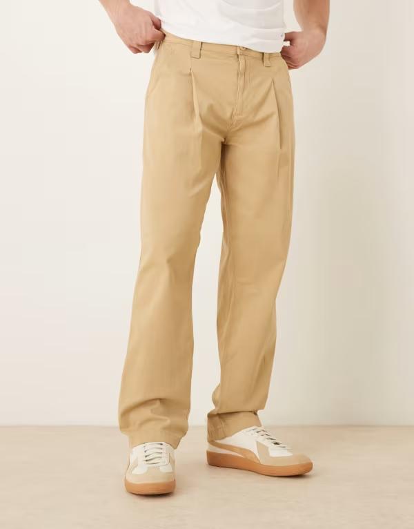 エイソス メンズ ボトムス カジュアルパンツ ストレート ASOS DESIGN straight leg pants with pleats BEIGE ベージュ