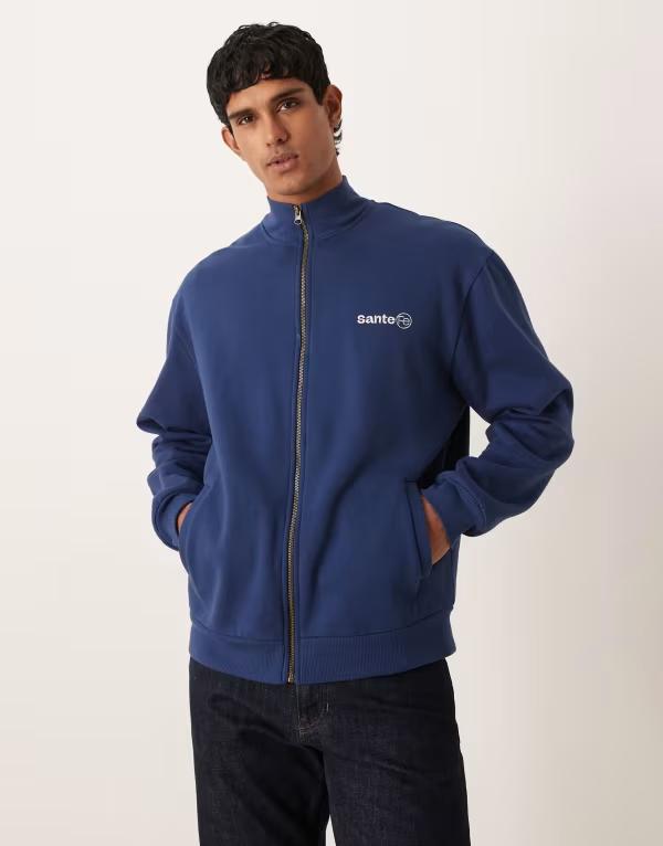 エイソス メンズ アウター パーカー・スウェット リラックスフィット プリント シャツ ASOS DESIGN relaxed fit zip up sweatshirt with embroidery print NAVY ネイビー