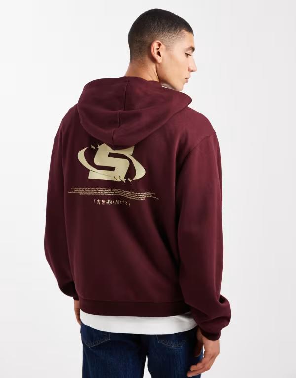エイソス メンズ アウター パーカー・スウェット 刷り上げる ASOS DESIGN relaxed boxy hoodie with back print Burgundy バーガンディ パーカー-メンズファッション
