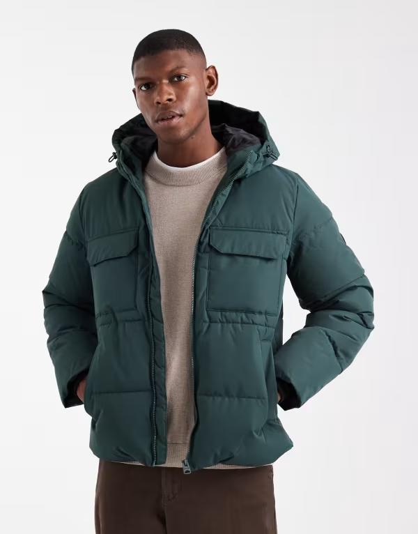 オンリーアンドサンズ メンズ アウター コート ONLY & SONS padded coat withood & utility pockets in darkest spruce グリーン