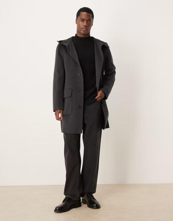 マンゴ メンズ アウター コート リラックスフィット ウール Mango wool mix longline relaxed fit coat withood in charcoal チャコール