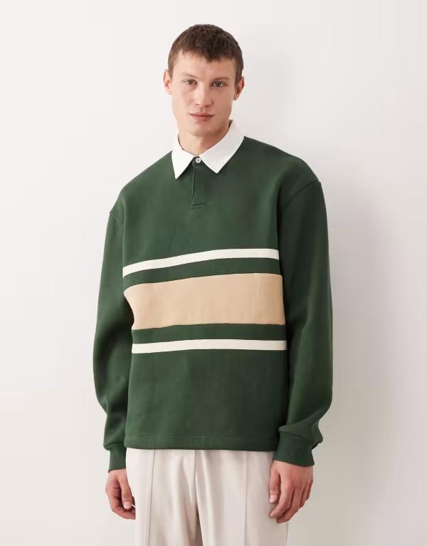 エイソス メンズ アウター パーカー・スウェット ポロシャツ ASOS DESIGN relaxed rugby polo sweatshirt with cut & sew panel Mountain View グリーン
