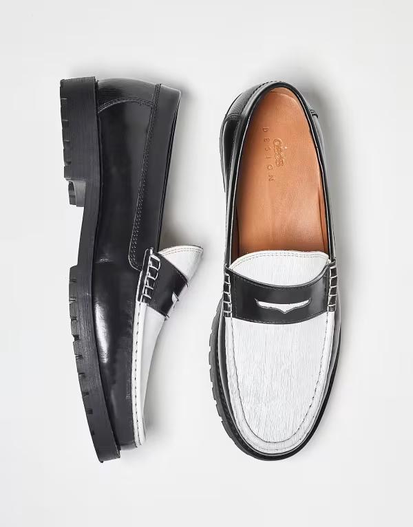 エイソス メンズ シューズ スリッポン・ローファー レザー ASOS DESIGN penny loafers in textured black and white leather Black and white ホワイト