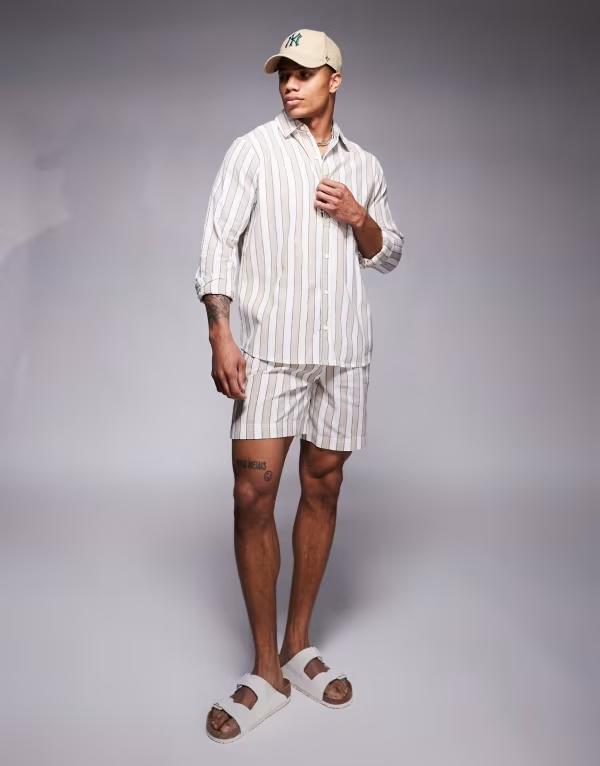サウスビーチ メンズ ボトムス ハーフパンツ・ショーツ ショートパンツ South Beach drawstring beach shorts and white stripe Beige ベージュ