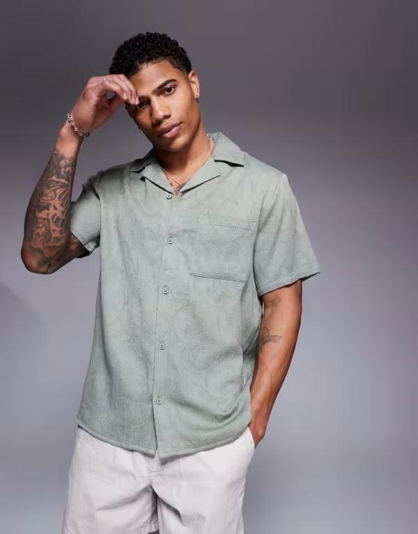 サウスビーチ メンズ トップス シャツ South Beach textured short sleeve beach shirt Green グリーン｜ReVida 店