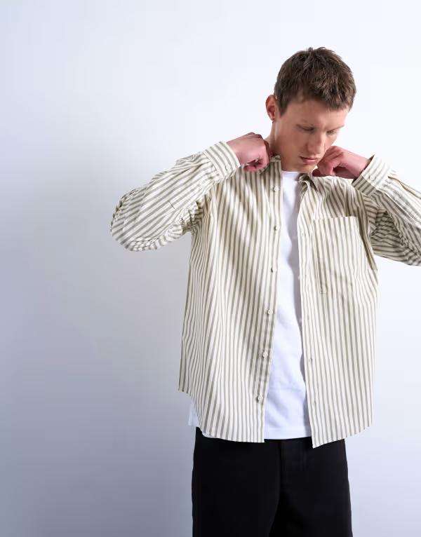 いの一番マン メンズ トップス プルオーバー 伸び伸びする填まる Topman relaxed fit stripe shirt インチ dusty GREEN 緑であること