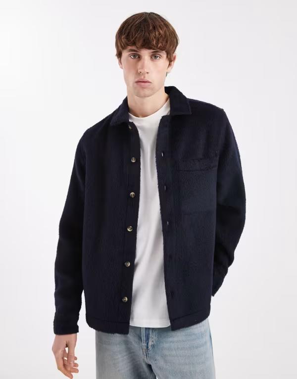 エイソス メンズ トップス シャツ ウール ASOS DESIGN brushed woolook overshirt NAVY ネイビー