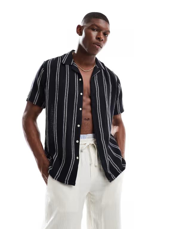 オンリーアンドサンズ メンズ トップス シャツ ONLY & SONS textured camp collar shirt stripes Dark Navy ネイビー