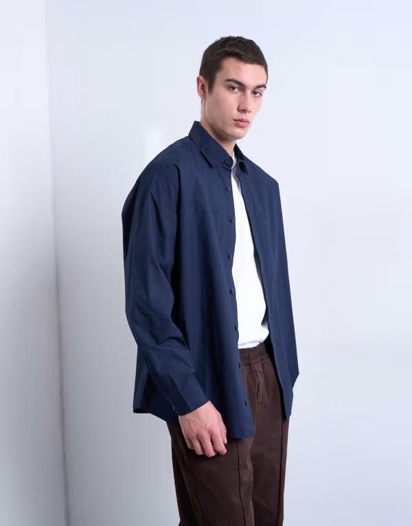 トップマン メンズ トップス シャツ オーバーサイズフィット Topman oversized fit formal shirt NAVY ネイビー