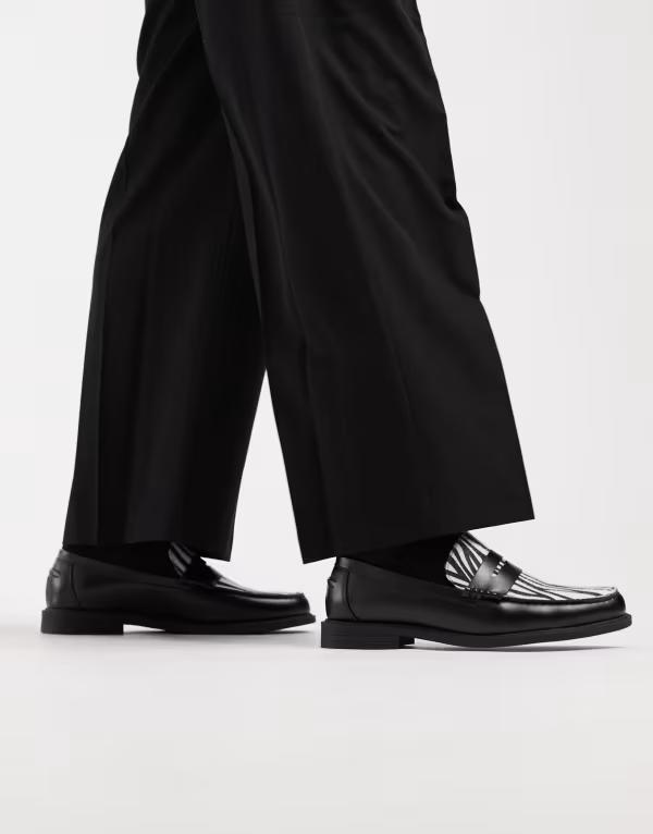 エイソス メンズ シューズ スリッポン・ローファー ASOS DESIGN penny loafers with faux zebrapron Black ブラック