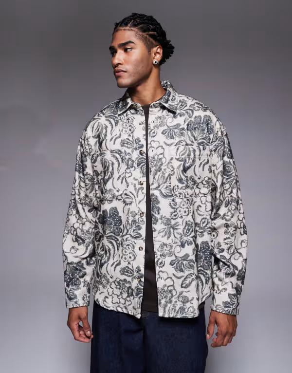 エイソス メンズ トップス プルオーバー 御花柄 刷り上げる 御花 ASOS DESIGN 90s oversized flannel shirt インチ cream floral print CREAM 皮膚軟化剤