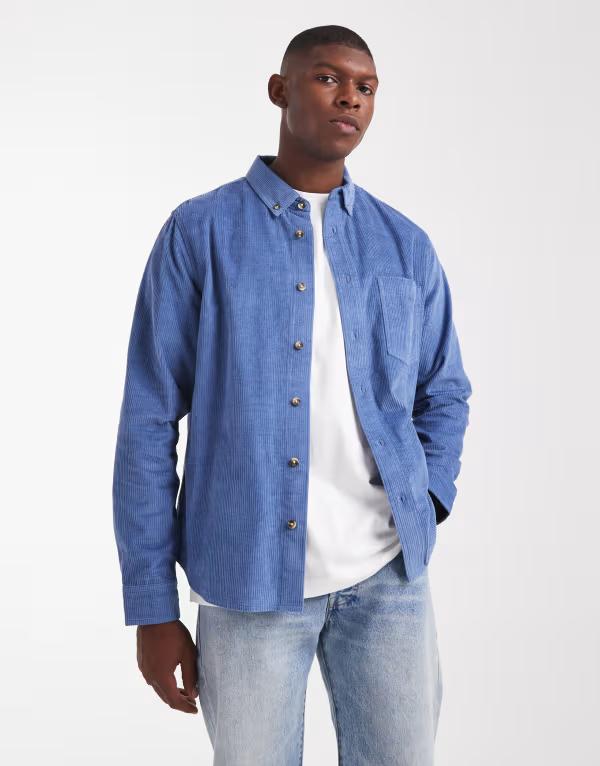エイソス メンズ トップス シャツ ASOS DESIGN regular cord shirt in dusty BLUE ブルー