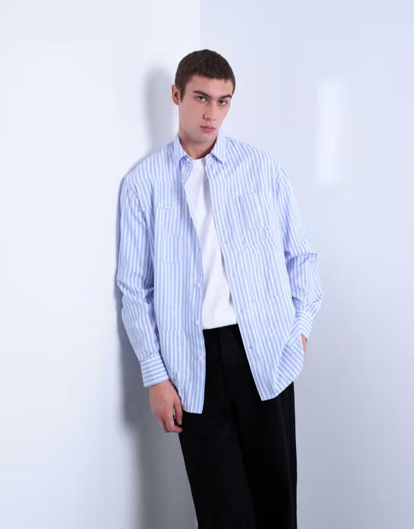 いの一番マン メンズ トップス プルオーバー オーバーサイズフィット Topman oversized fit striped shirt with all over distressing BLUE 青色