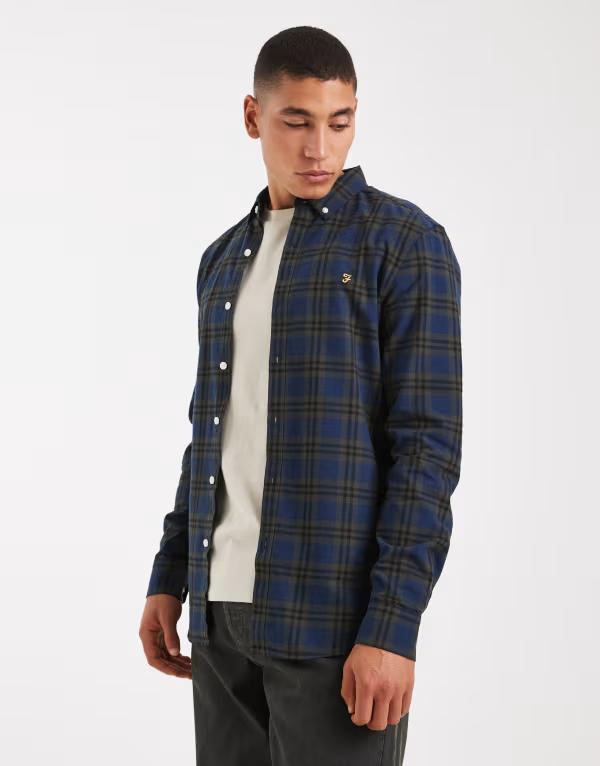 ファーラー メンズ トップス シャツ Farah brewer checked longsleeve shirt in dark 357 evergreen グリーン|ReVida 店