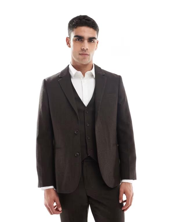エイソス メンズ アウター ジャケット・ブルゾン ウール ASOS DESIGN wool rich slim suit jacket herringbone BROWN ブラウン