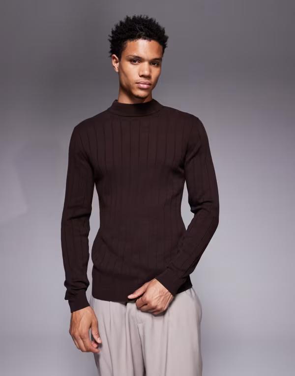 エイソス メンズ トップス Tシャツ リブニット タートルネック ニット ASOS DESIGN muscle fit long sleeve rib kniturtle neck t-shirt BROWN ブラウン