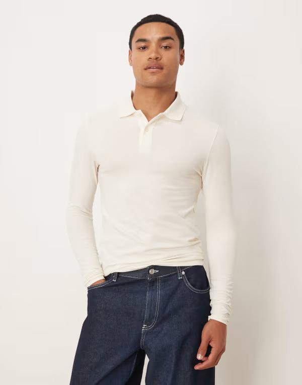 エイソス メンズ トップス ポロシャツ ASOS DESIGN Essentials muscle fit long sleeve polo in cream Coconut milk クリーム