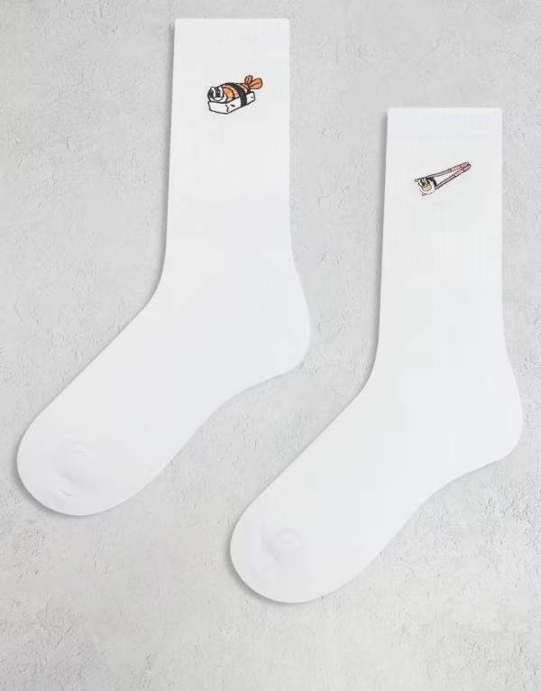 エイソス メンズ アンダーウェア 靴下 ASOS DESIGN 2-pack socks with sushi embroidery IVORY アイボリー