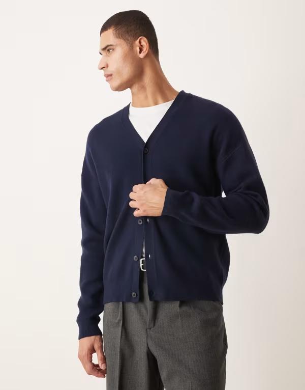 エイソス メンズ アウター カーディガン Vネック ニット ASOS DESIGN relaxed knit v-neck cardiganAVY ネイビー