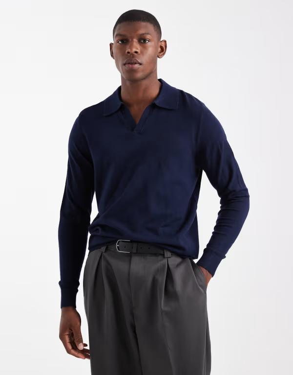 エイソス メンズ アウター ニット・セーター ASOS DESIGN knit notch neck sweater NAVY ネイビー 7,965円