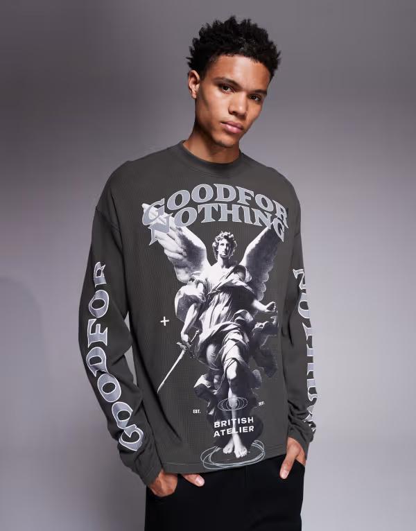 グッドフォーナッシング メンズ トップス プルオーバー 刷り上げる 編み物 Good For Nothing long sleeve waffle knit-shirt インチ charcoal with multiple prints Multi マルチ色合い