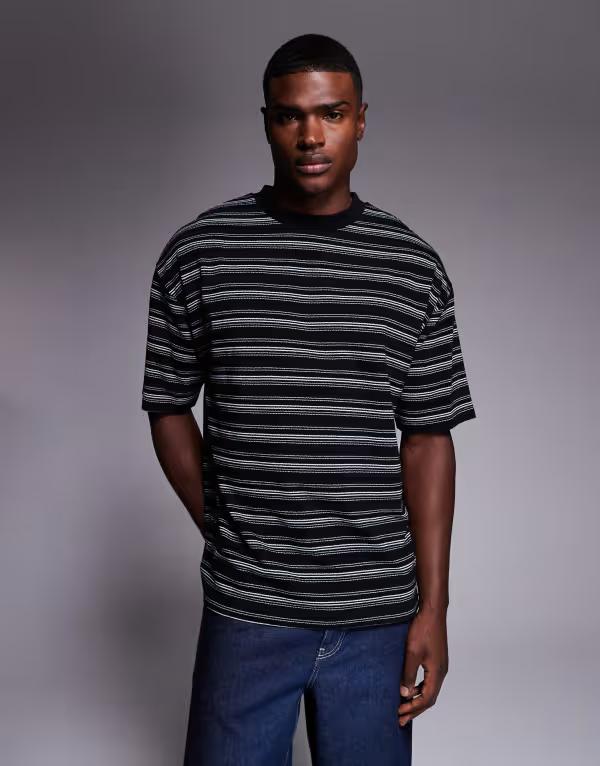 エイソス メンズ トップス Tシャツ ASOS DESIGN heavyweight oversized T-shirt in textured black stripe Multi マルチカラー