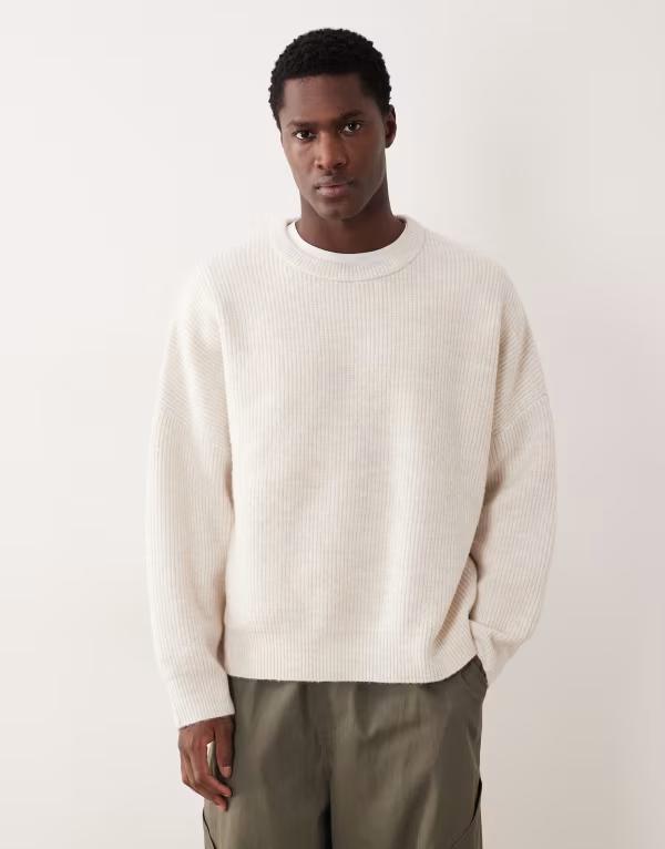エイソス メンズ アウター ニット・セーター リブニット クルーネック ASOS DESIGN super oversized rib knit crew neck fisherman sweater in oatmeal オートミール