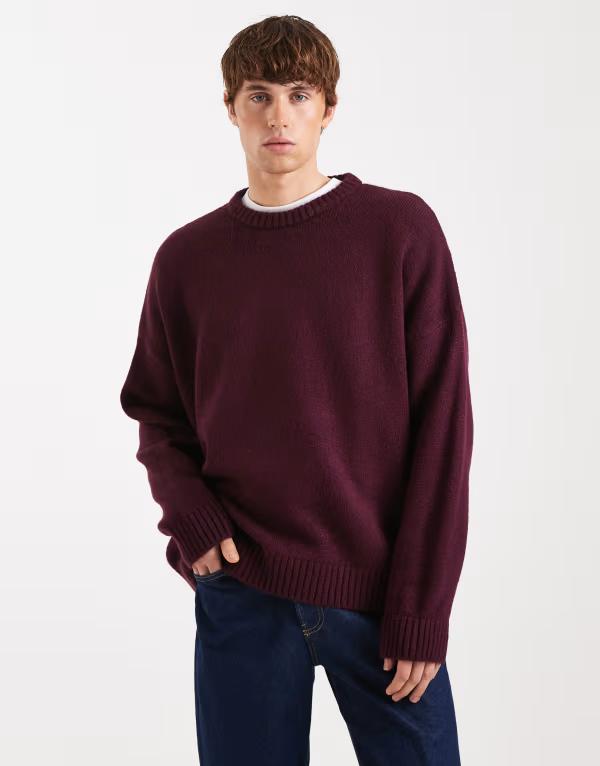 エイソス メンズ アウター ニット・セーター クルーネック ASOS DESIGN oversized knitextured crew neck sweater Burgundy バーガンディ｜ReVida 店