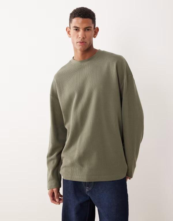 エイソス メンズ トップス Tシャツ ニット ASOS DESIGN oversizedropped shoulders long sleeve t-shirt-green waffle knit Dusty olive オリーブ