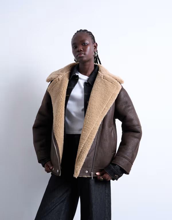 とっ始め販売店 レディース アウター 上衣・上衣 Topshop oversized faux shearling aviator jacket インチ chocolate choc tan タン コート・ジャケット-レディースファッション