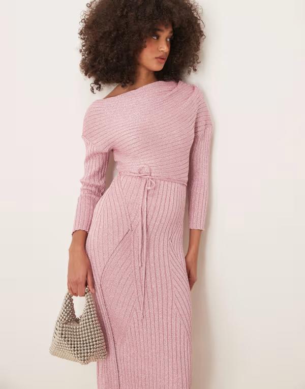 ネバーフリードレスド レディース トップス ワンピース ニット マキシ Never Fully Dressed off shoulder knit maxi dress in baby Pink ピンク