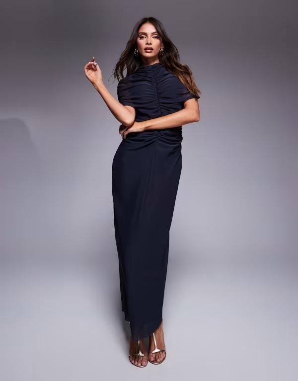 エイソス レディース トップス ワンピース ハイネック メッシュ シアー マキシ ASOS DESIGN double layer meshigh neck maxi dress with sheer panel Navy ネイビー