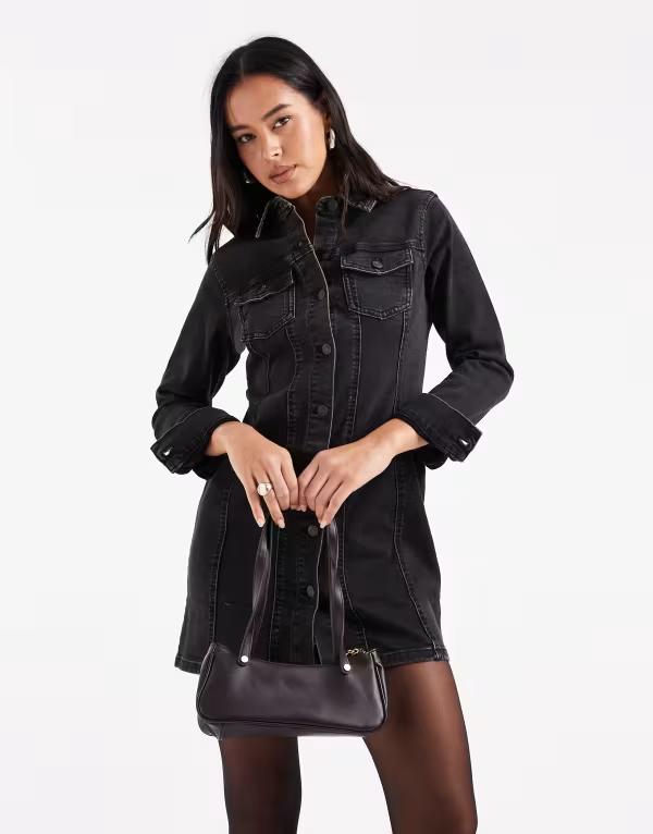 エイソス レディース トップス ワンピース シャツ デニム ASOS DESIGN denim long sleeve fitted shirt dress Black ブラック